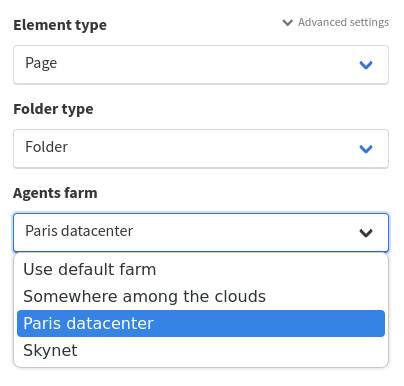 Farm selection through the advanced settings of Files, S3 or Training processes