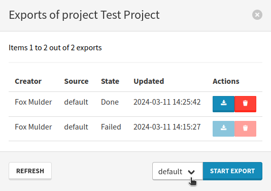 project exports modal with source