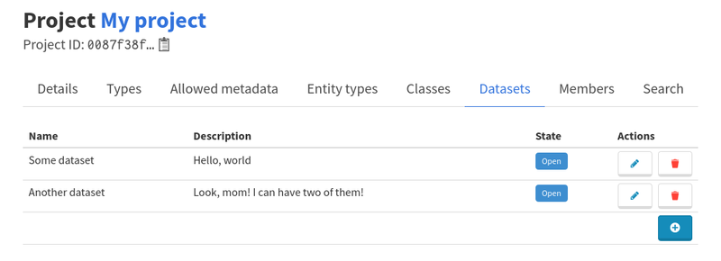 Dataset management in the project details page