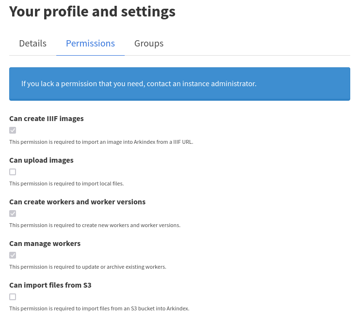 Arkindex 1.6.3 permissions page