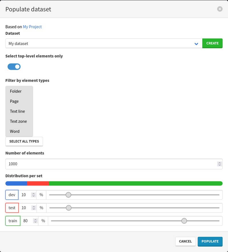 Populate dataset modal