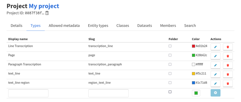 Colors on element types in the project details page